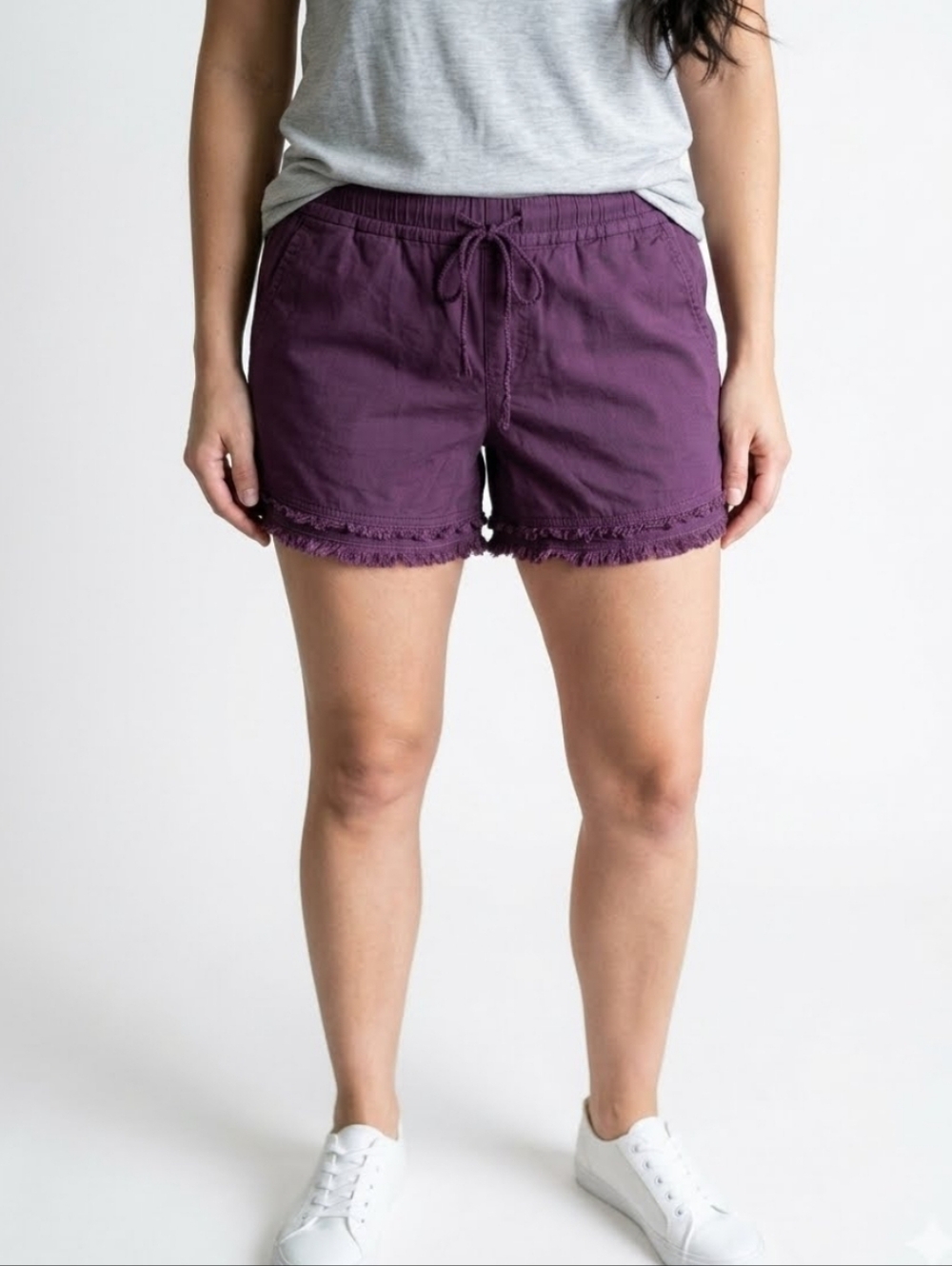 LOFT Women's Everyday Drawstring Cotton Fringe Hem Shorts - Purple M